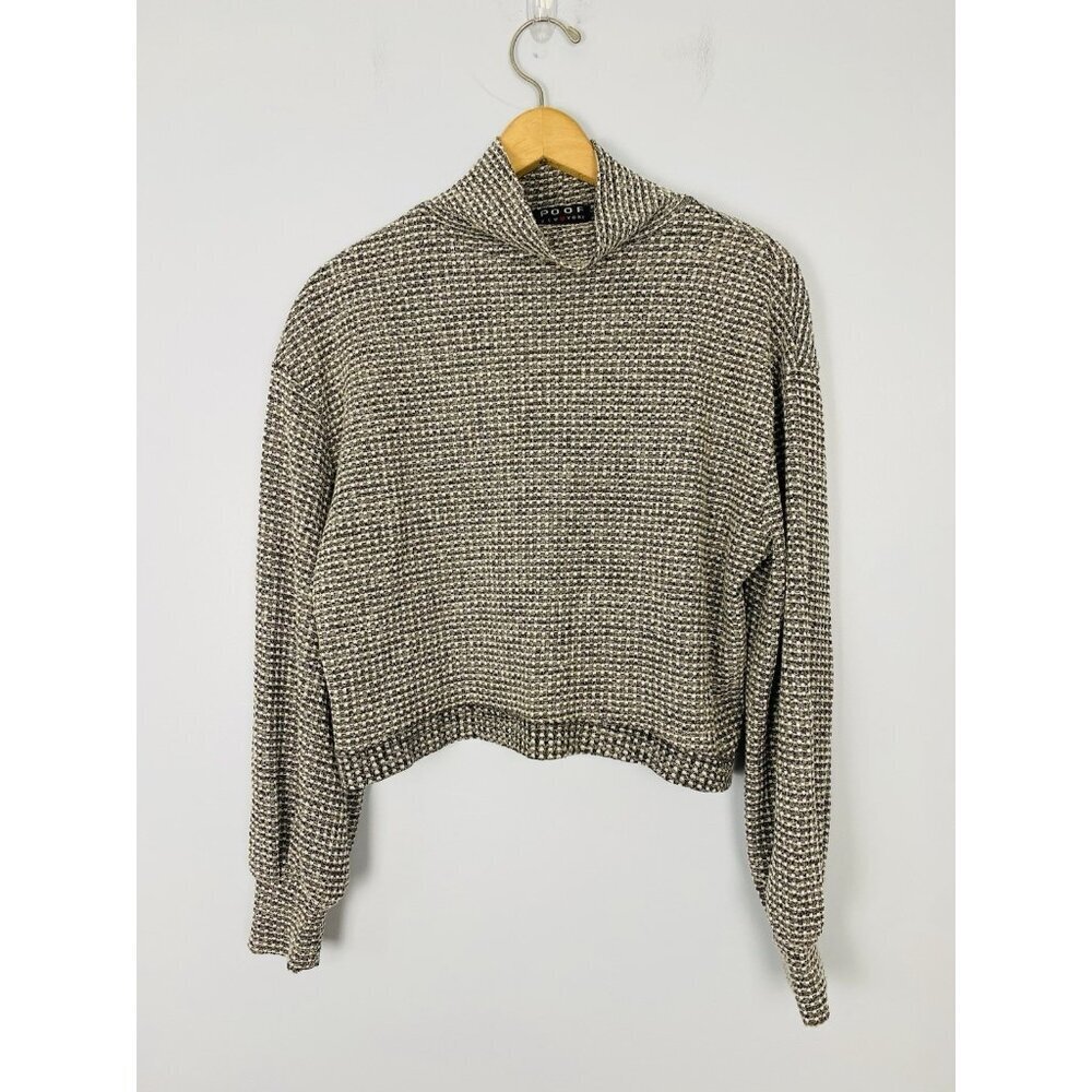 Poof New York Womens Size Large Turtleneck Cropped Waffle Knit Top Black White